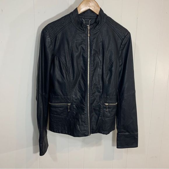 LA Coalition Faux Black Leather Biker Jacket with Ribbed Accents Large - Picture 3 of 6